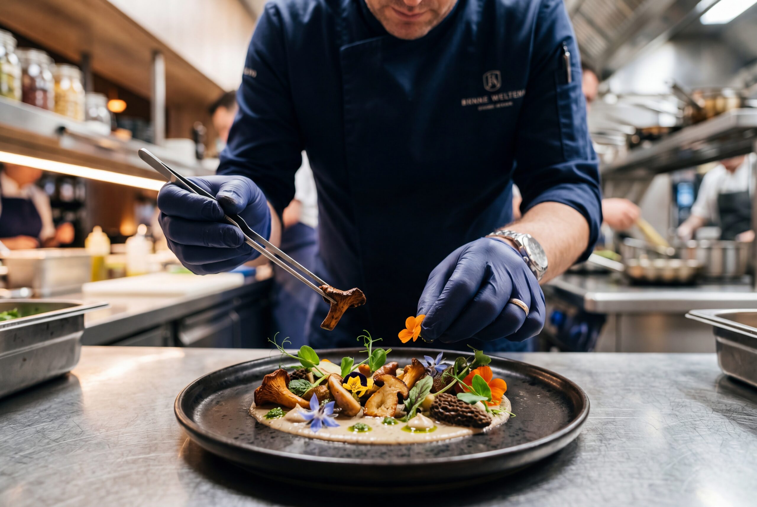 A chef inspecting a wild mushroom