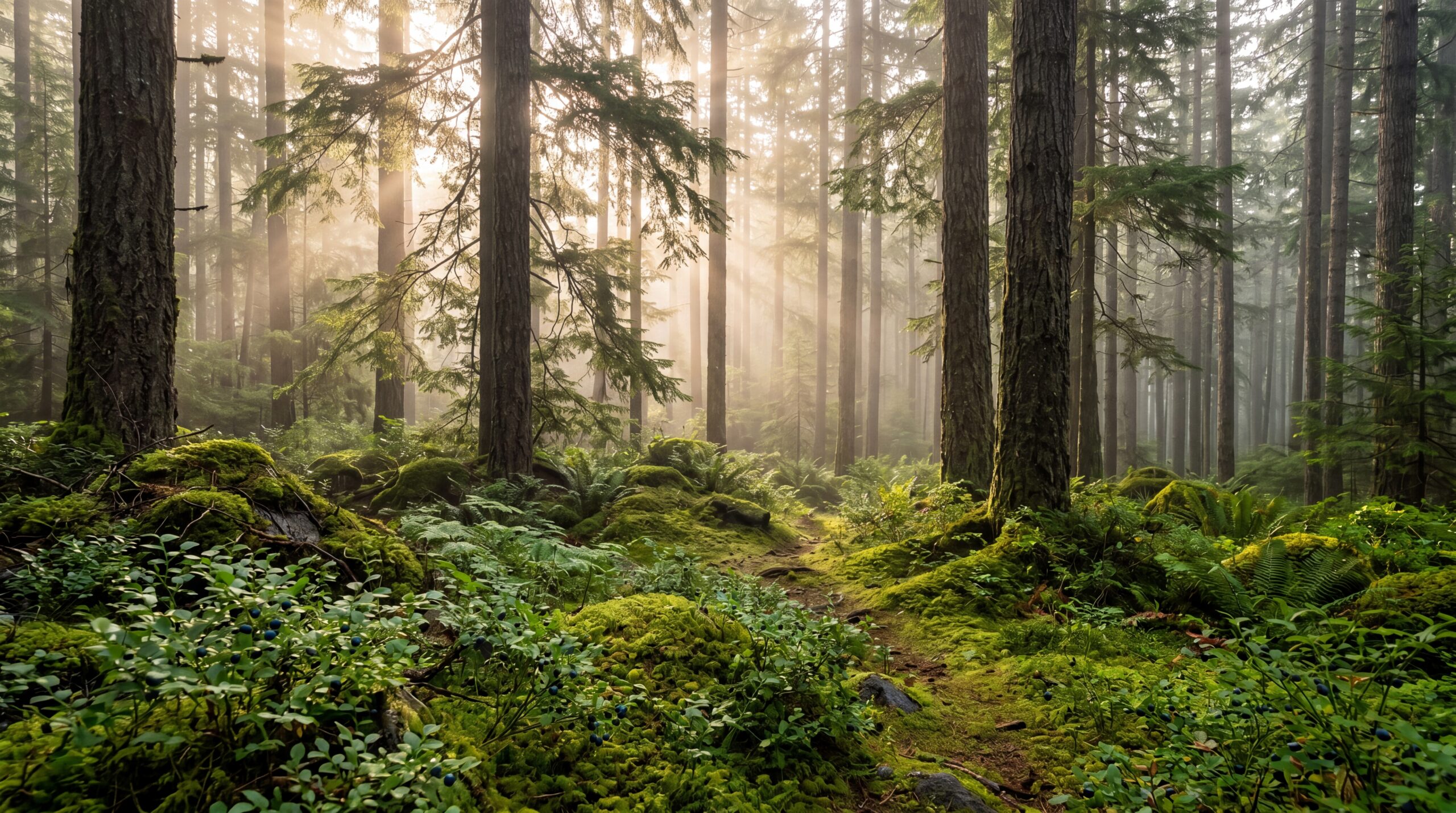 A sunlit Lithuanian pine forest