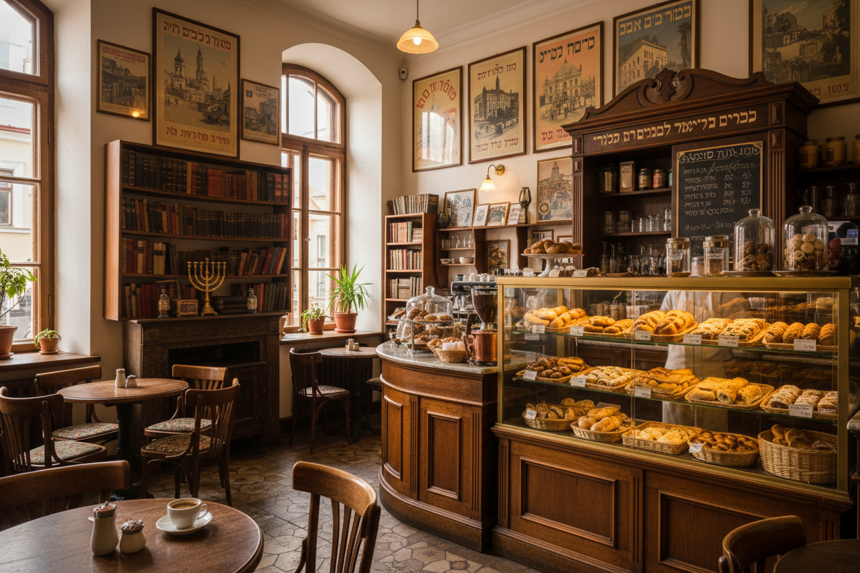 Atmospheric Jewish cafe interior in Vilnius Old Town