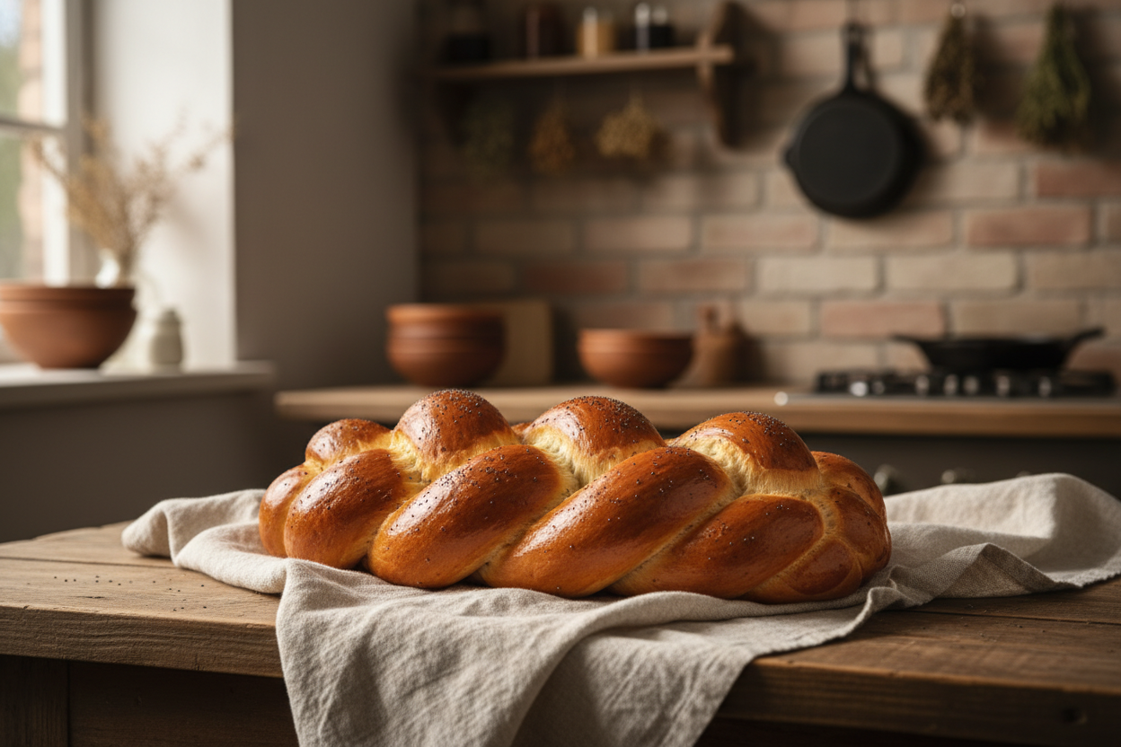 Golden-brown braided Litvak Challah bread
