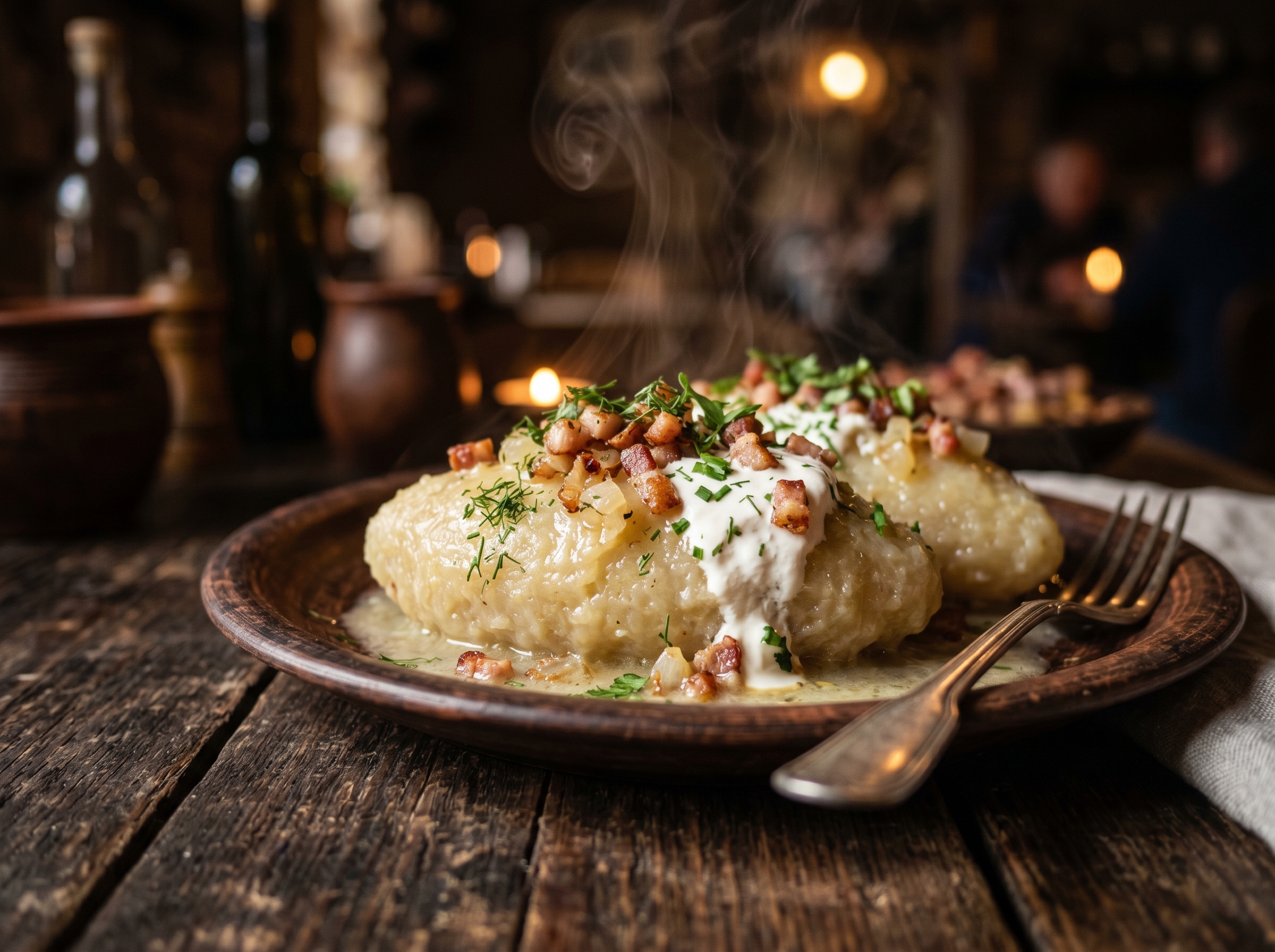 Traditional Lithuanian cepelinai potato dumplings with sour cream and bacon