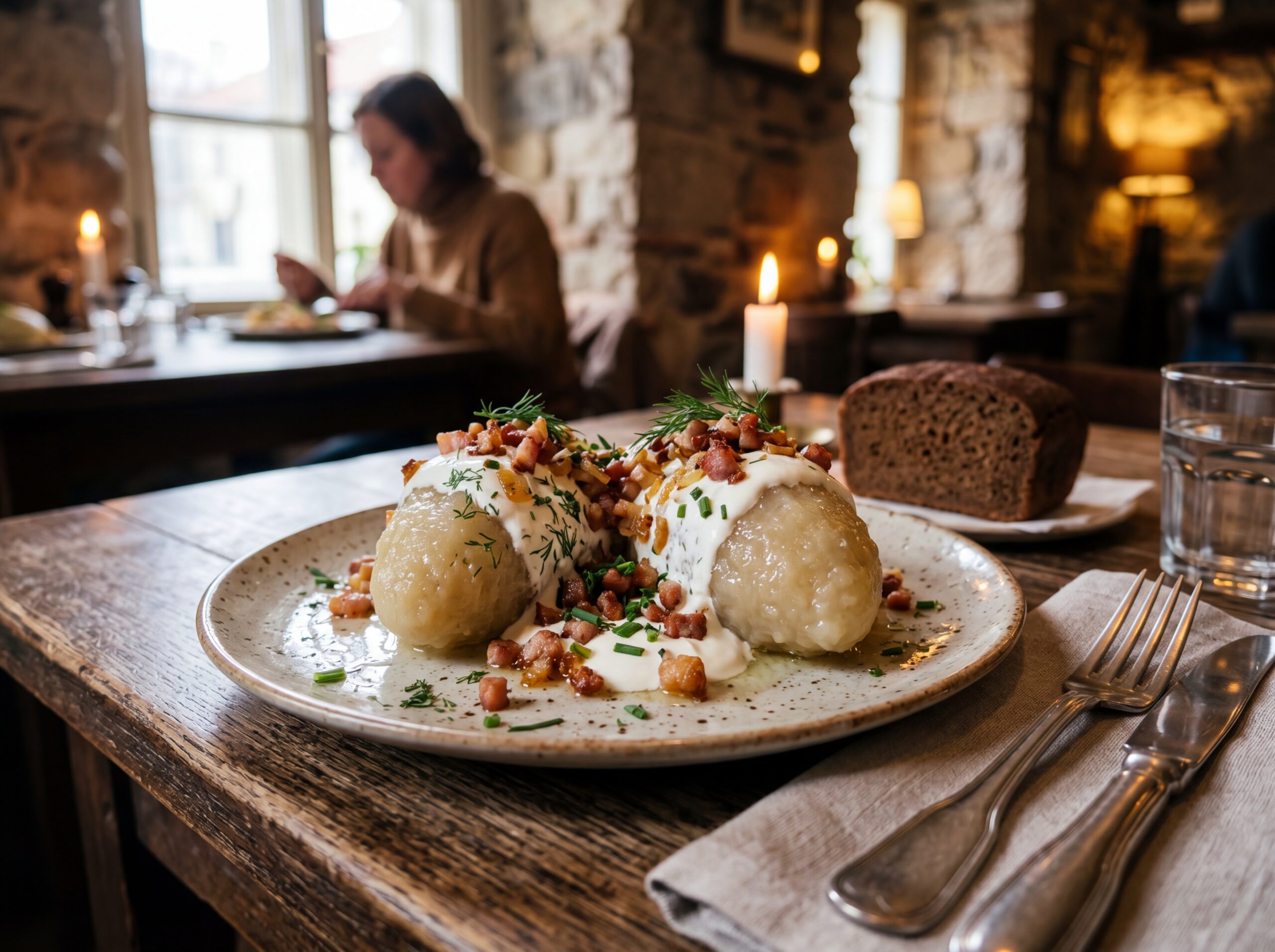 Plated cepelinai in Vilnius restaurant