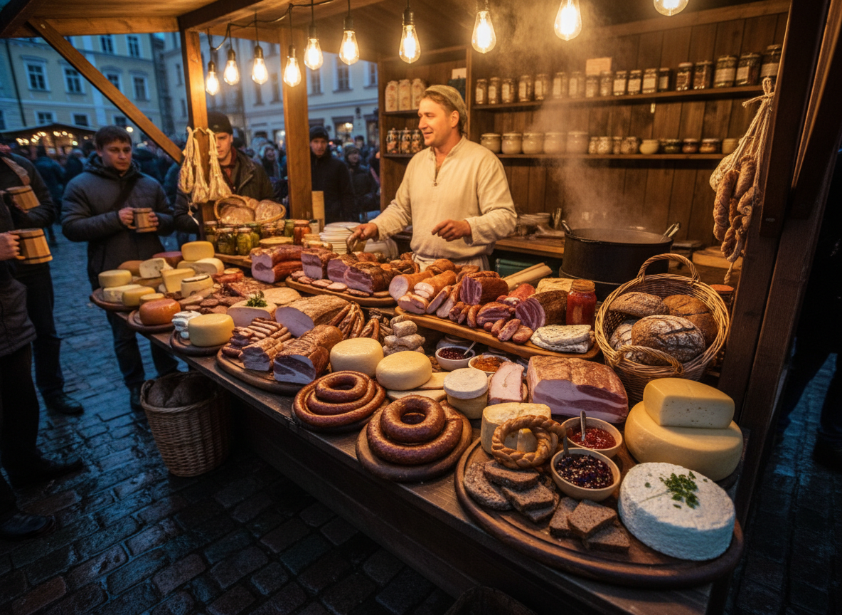 Smoked meats and local foods at a Vilnius night market