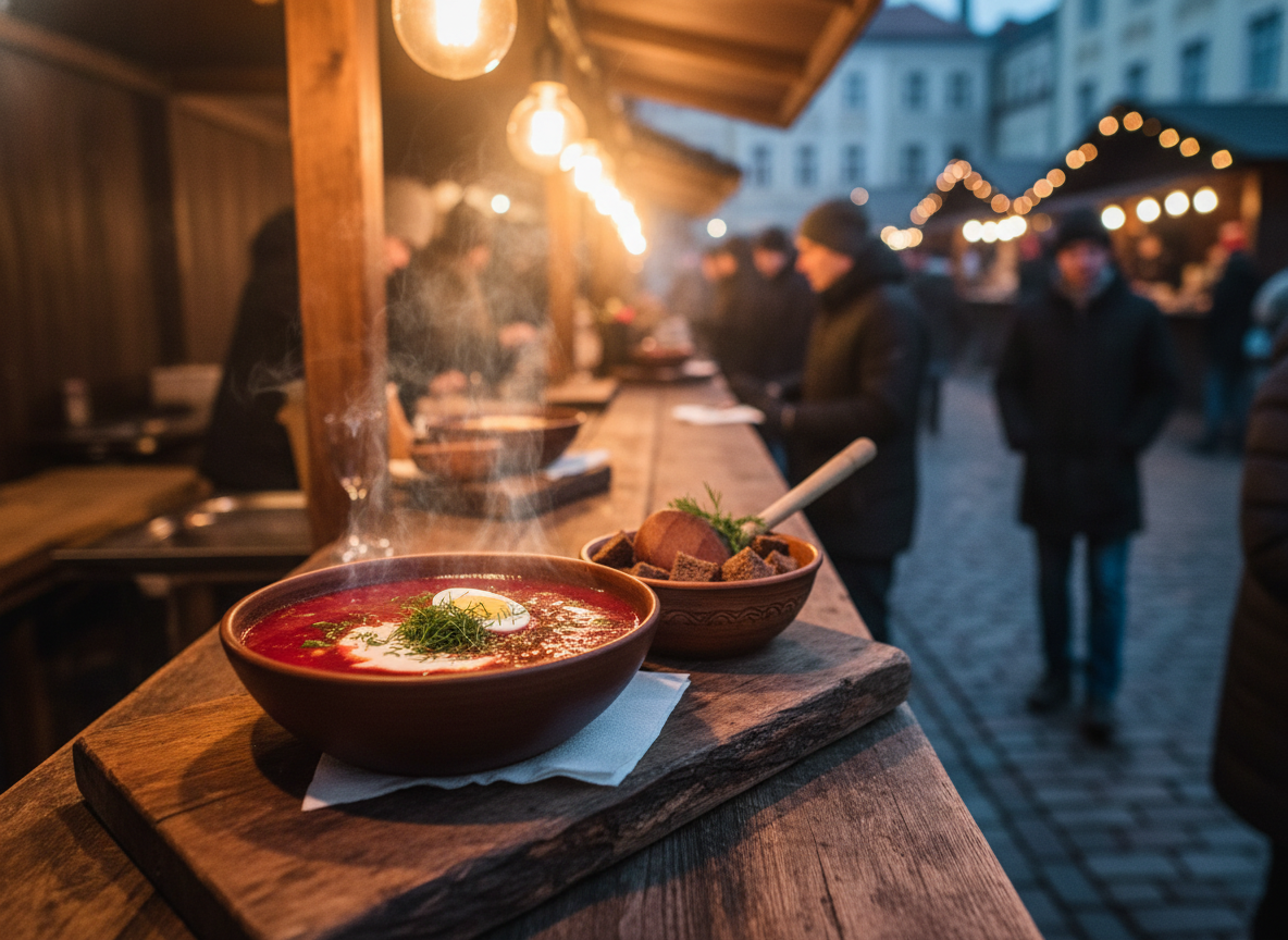 Traditional Lithuanian soup at a Vilnius night market