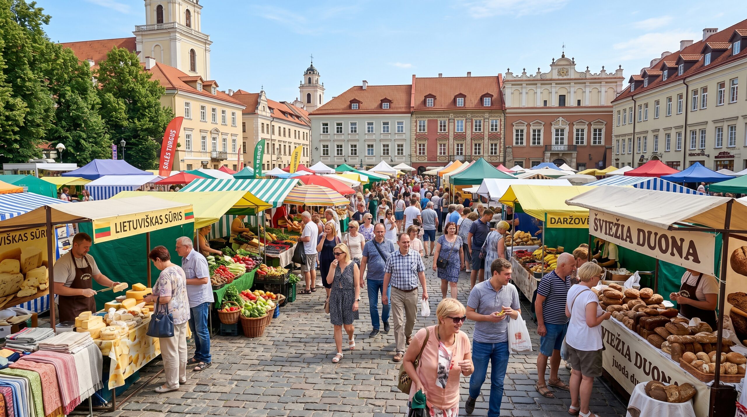 Lively outdoor food market in Vilnius old town