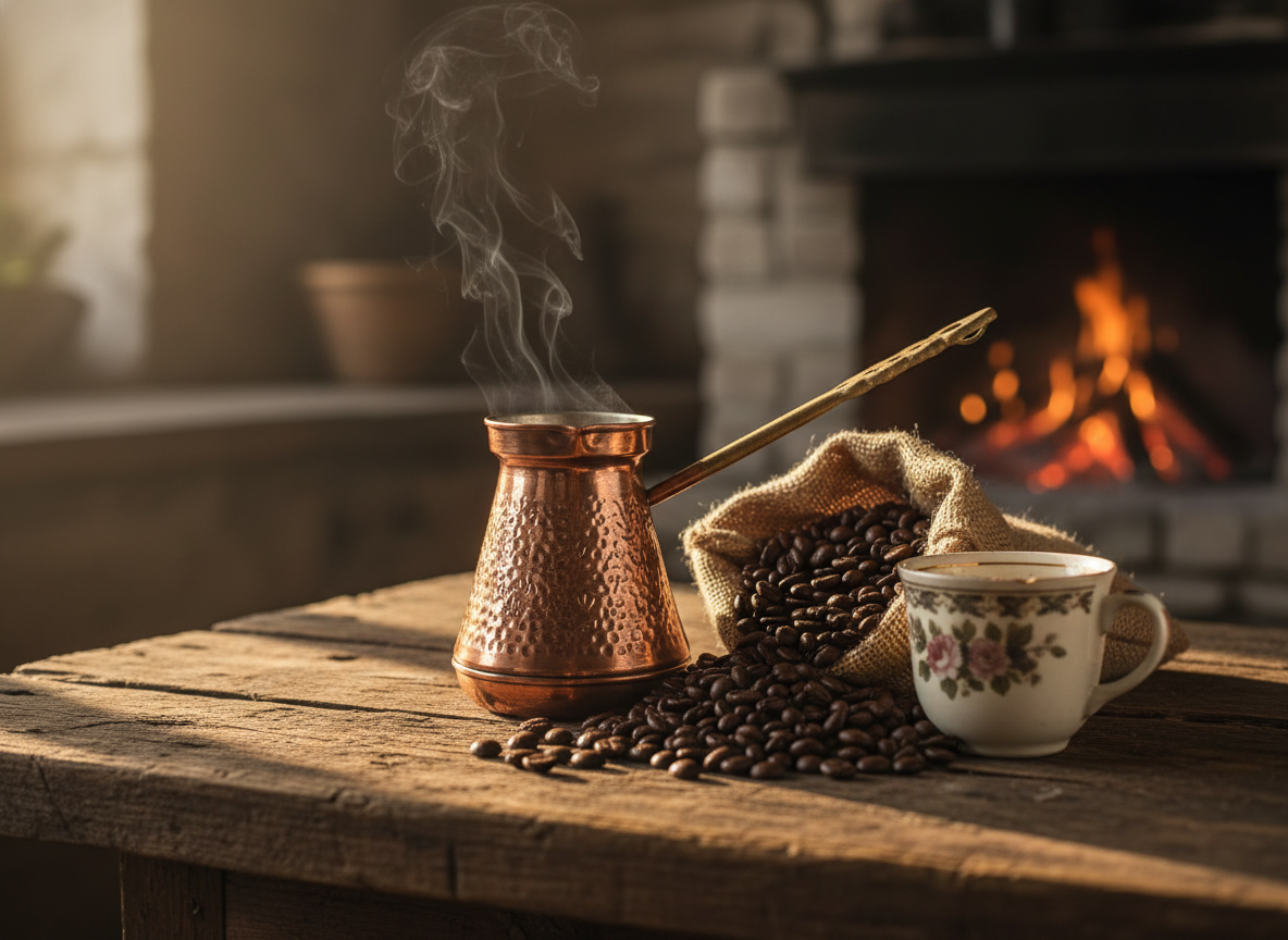Traditional coffee preparation in a rustic Vilnius setting
