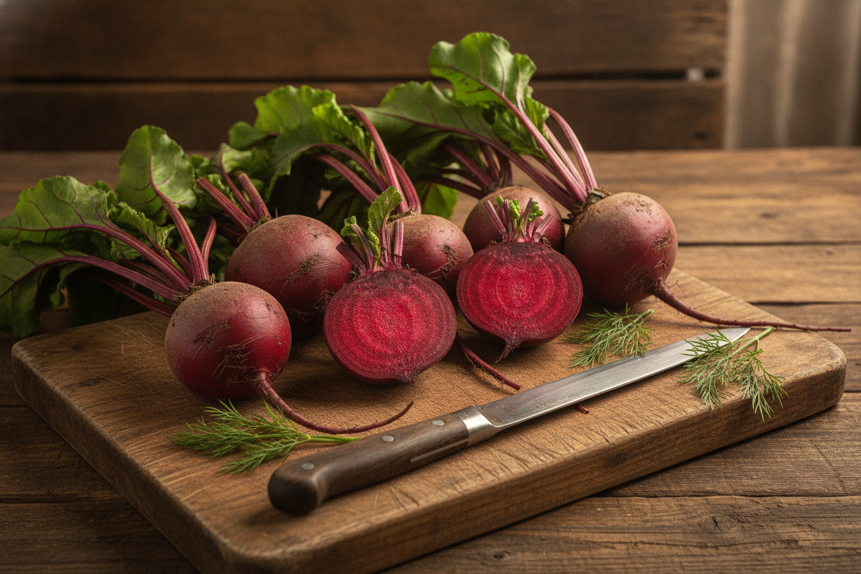 Freshly harvested red beets on rustic wooden cutting board with dill and knife