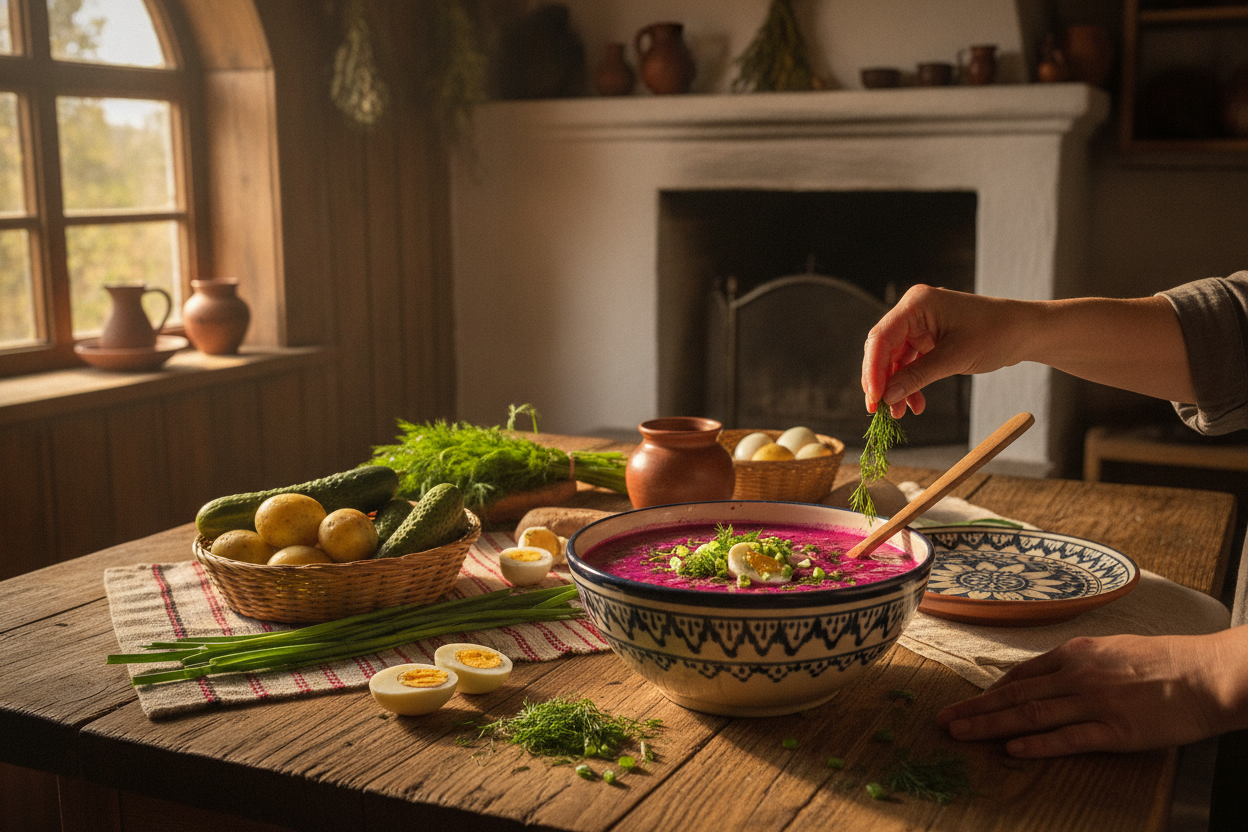 Traditional Lithuanian kitchen with Šaltibarščiai preparation showing ceramic pot and fresh ingredients