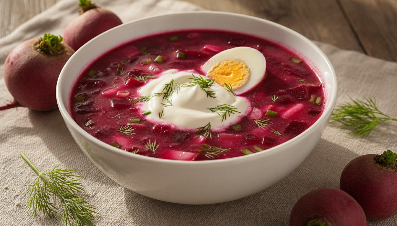 Traditional Lithuanian cold beet soup Šaltibarščiai served in white ceramic bowl with sour cream and fresh dill