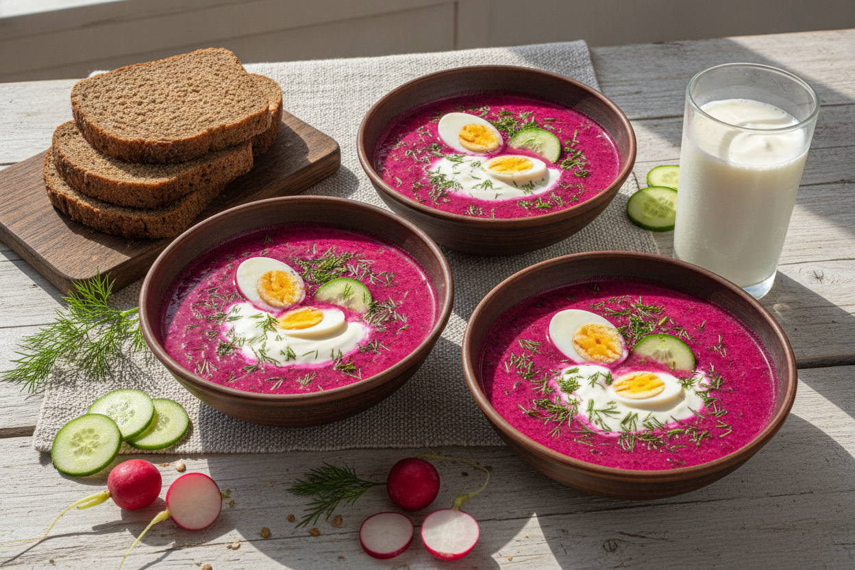 Multiple servings of Šaltibarščiai cold beet soup arranged with hard-boiled eggs, fresh dill, and rye bread